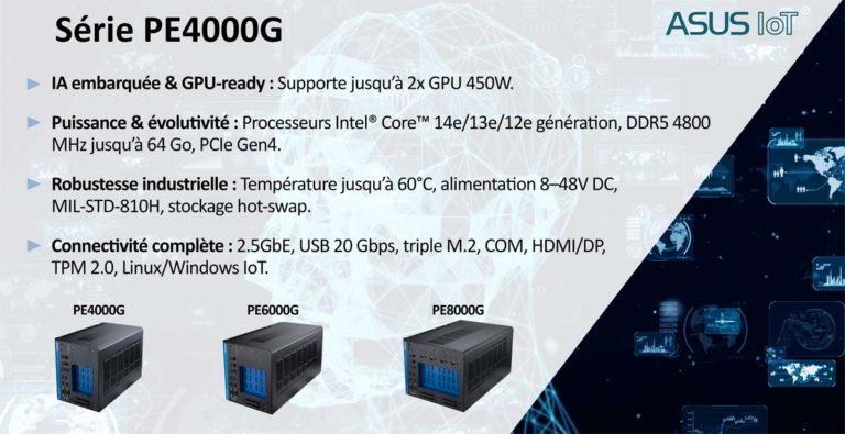 Série ASUS PE4000G : plateformes IA embarquées, avec support GPU jusqu’à 2×450W